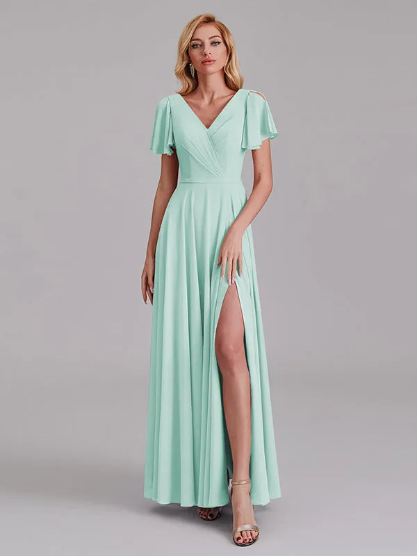 A-Line V-Neck Short Sleeves Side Slit Chiffon Bridesmaid Dress With Belt