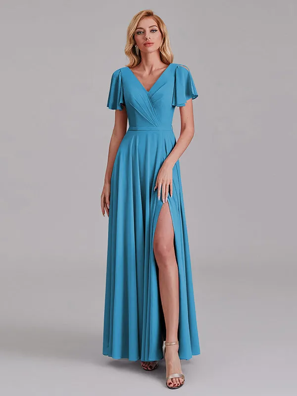 A-Line V-Neck Short Sleeves Side Slit Chiffon Bridesmaid Dress With Belt