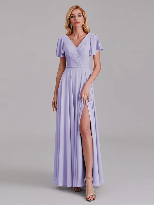 A-Line V-Neck Short Sleeves Side Slit Chiffon Bridesmaid Dress With Belt