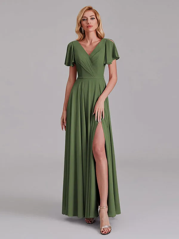 A-Line V-Neck Short Sleeves Side Slit Chiffon Bridesmaid Dress With Belt