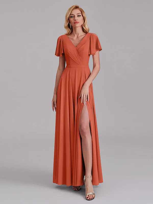 A-Line V-Neck Short Sleeves Side Slit Chiffon Bridesmaid Dress With Belt