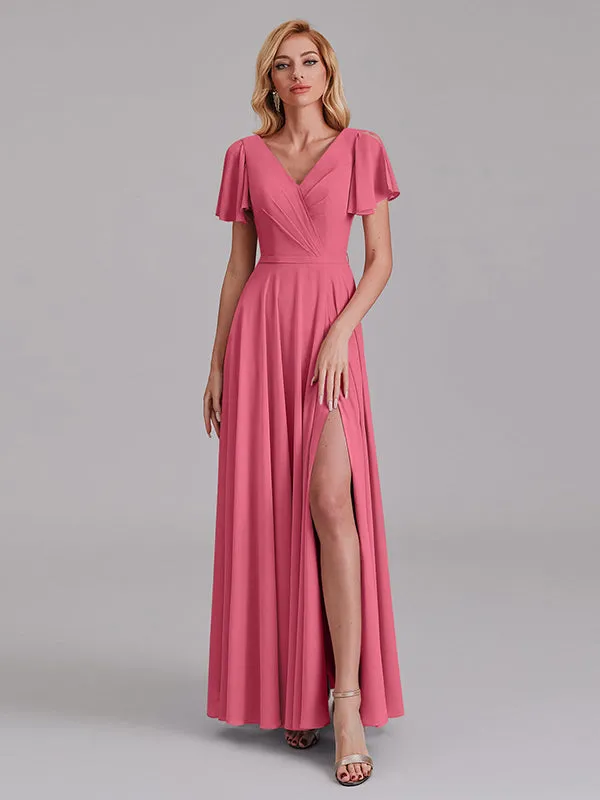 A-Line V-Neck Short Sleeves Side Slit Chiffon Bridesmaid Dress With Belt