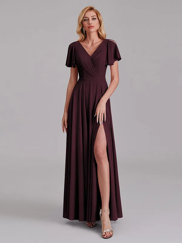 A-Line V-Neck Short Sleeves Side Slit Chiffon Bridesmaid Dress With Belt