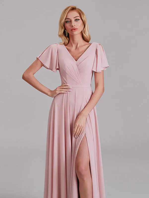 A-Line V-Neck Short Sleeves Side Slit Chiffon Bridesmaid Dress With Belt