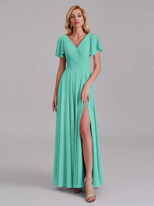 A-Line V-Neck Short Sleeves Side Slit Chiffon Bridesmaid Dress With Belt