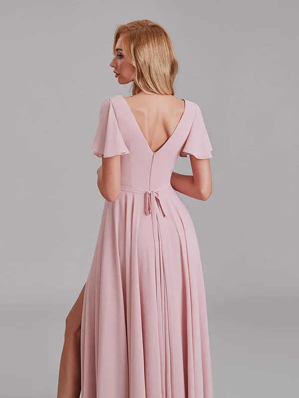 A-Line V-Neck Short Sleeves Side Slit Chiffon Bridesmaid Dress With Belt