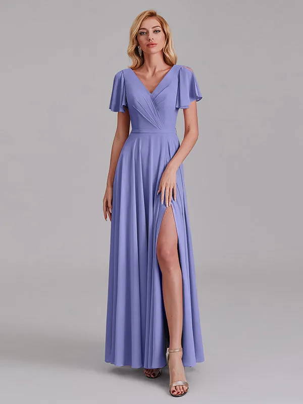 A-Line V-Neck Short Sleeves Side Slit Chiffon Bridesmaid Dress With Belt