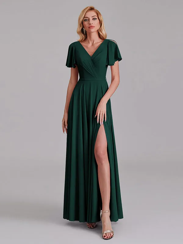 A-Line V-Neck Short Sleeves Side Slit Chiffon Bridesmaid Dress With Belt