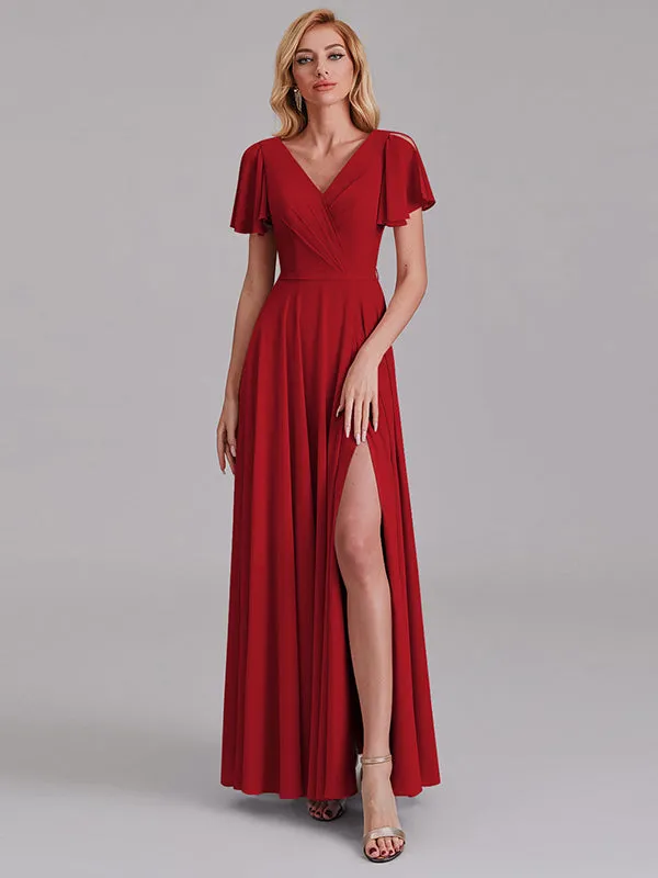 A-Line V-Neck Short Sleeves Side Slit Chiffon Bridesmaid Dress With Belt