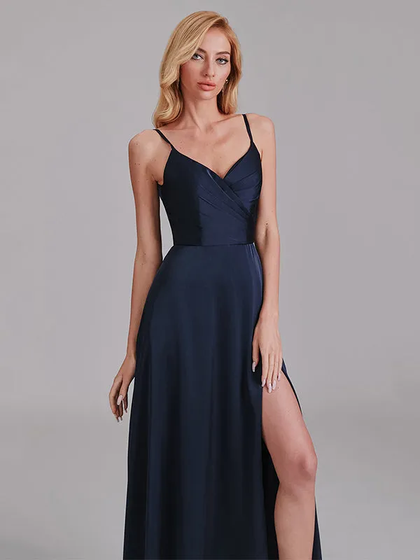 A-Line V-Neck Spaghetti Straps Satin Side Slit Cheap Long Bridesmaid Dress
