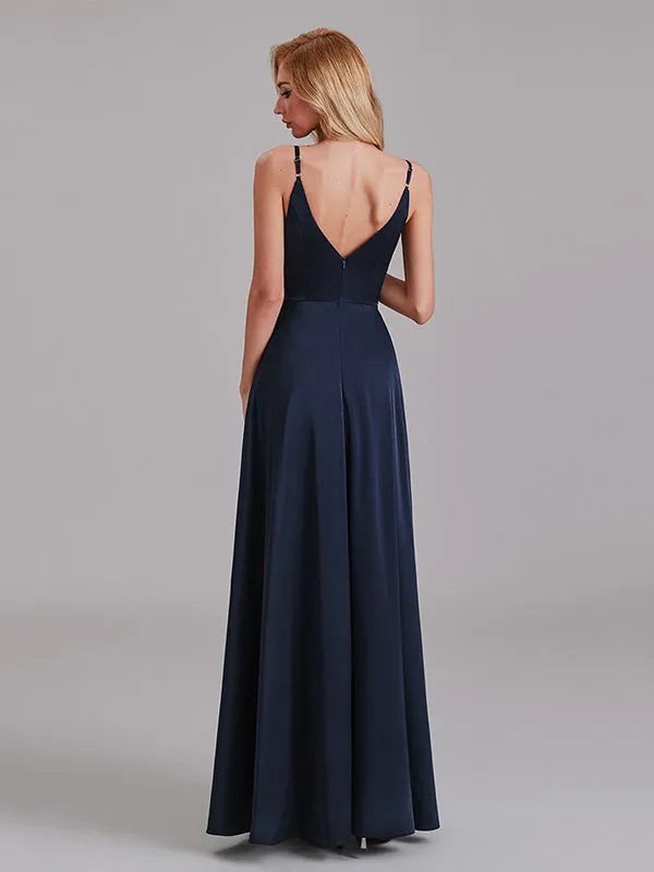 A-Line V-Neck Spaghetti Straps Satin Side Slit Cheap Long Bridesmaid Dress
