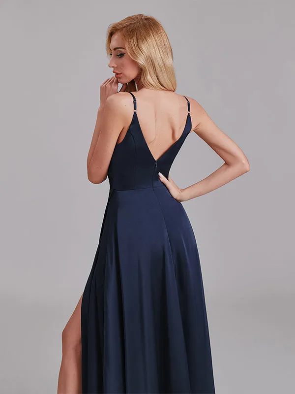 A-Line V-Neck Spaghetti Straps Satin Side Slit Cheap Long Bridesmaid Dress