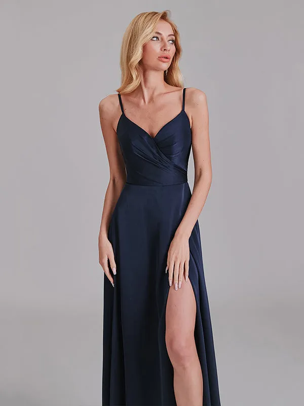 A-Line V-Neck Spaghetti Straps Satin Side Slit Cheap Long Bridesmaid Dress