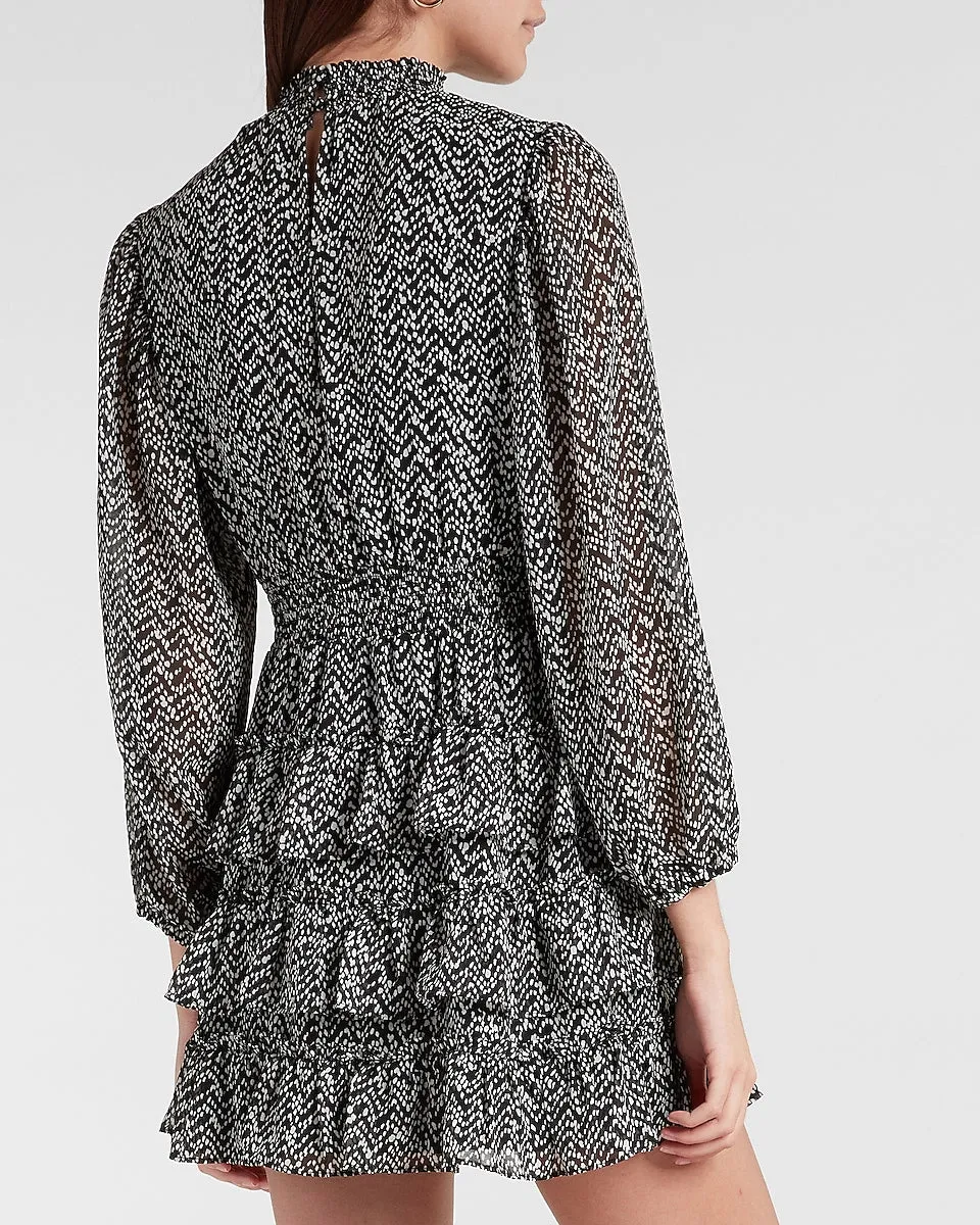 Abstract Dot Smocked Mock Neck Tiered Ruffle Dress in Black Print