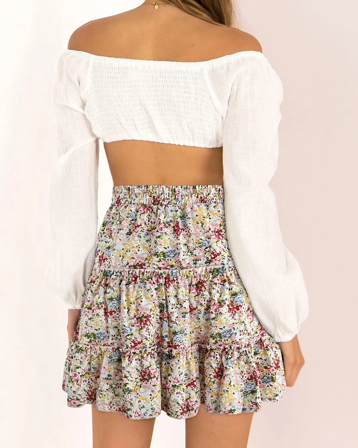 Alelly Women's Summer Cute High Waist Ruffle Skirt Floral Print Swing Beach Mini Skirt