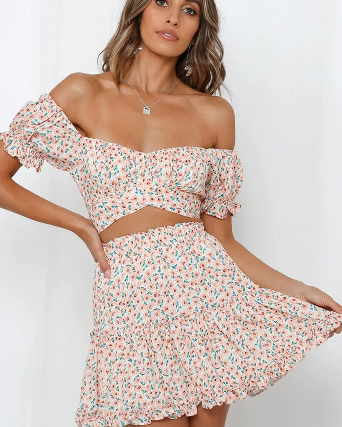 Alelly Women's Summer Cute High Waist Ruffle Skirt Floral Print Swing Beach Mini Skirt