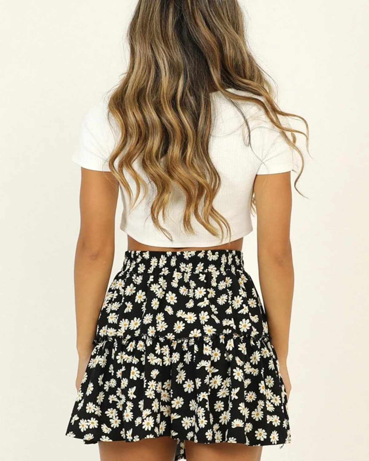 Alelly Women's Summer Cute High Waist Ruffle Skirt Floral Print Swing Beach Mini Skirt