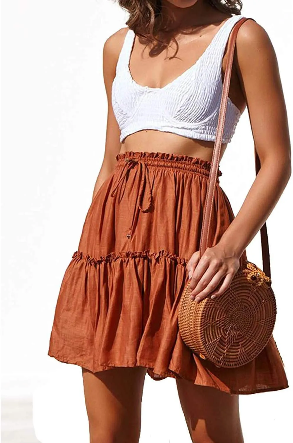 Alelly Women's Summer Cute High Waist Ruffle Skirt Floral Print Swing Beach Mini Skirt