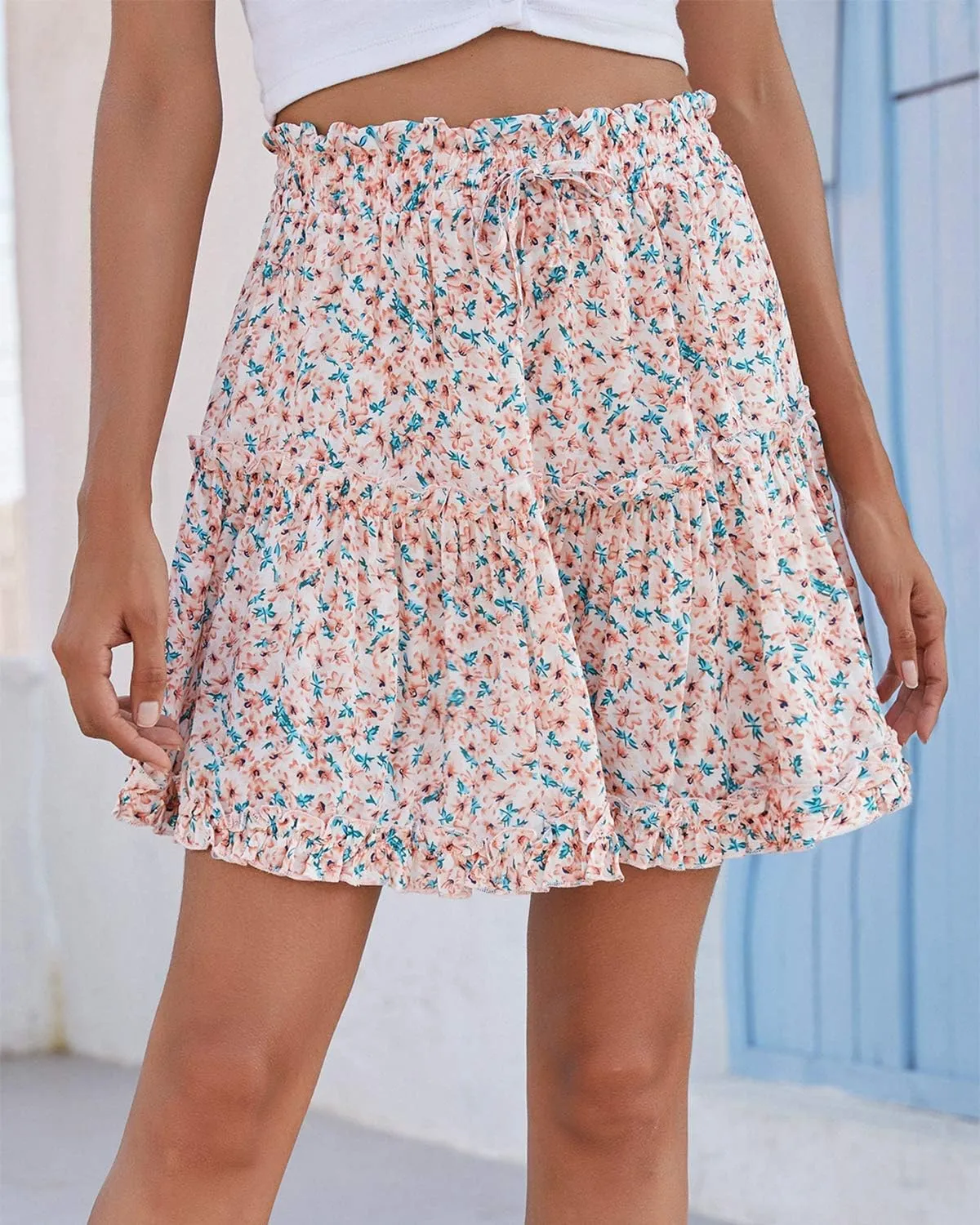 Alelly Women's Summer Cute High Waist Ruffle Skirt Floral Print Swing Beach Mini Skirt