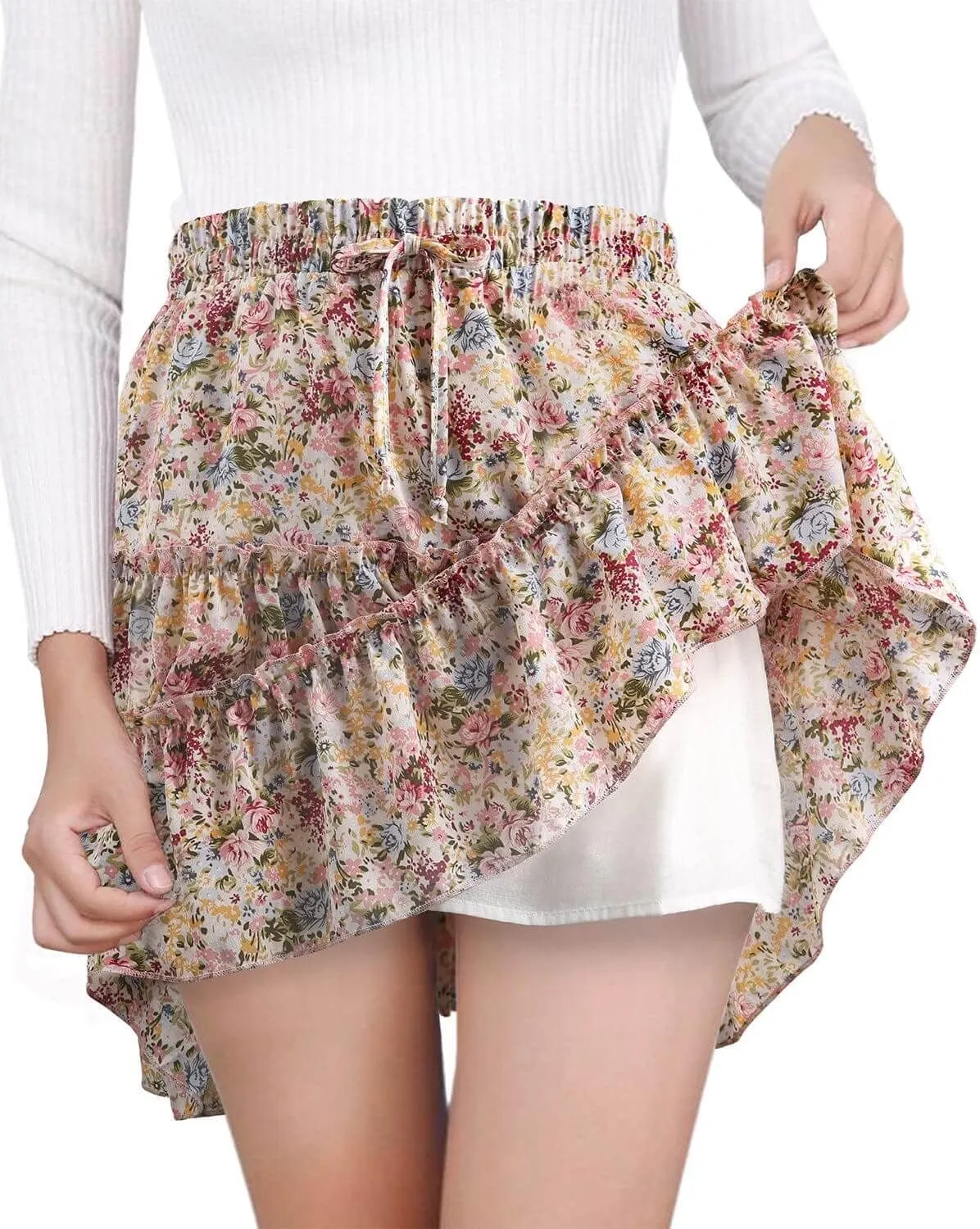 Alelly Women's Summer Cute High Waist Ruffle Skirt Floral Print Swing Beach Mini Skirt