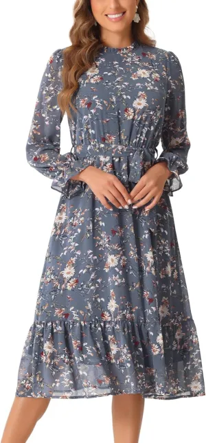Allegra K Chiffon Floral Flowy Dress for Women's 2025 Ruffle Long Sleeve Mock Neck A-Line Midi Dresses