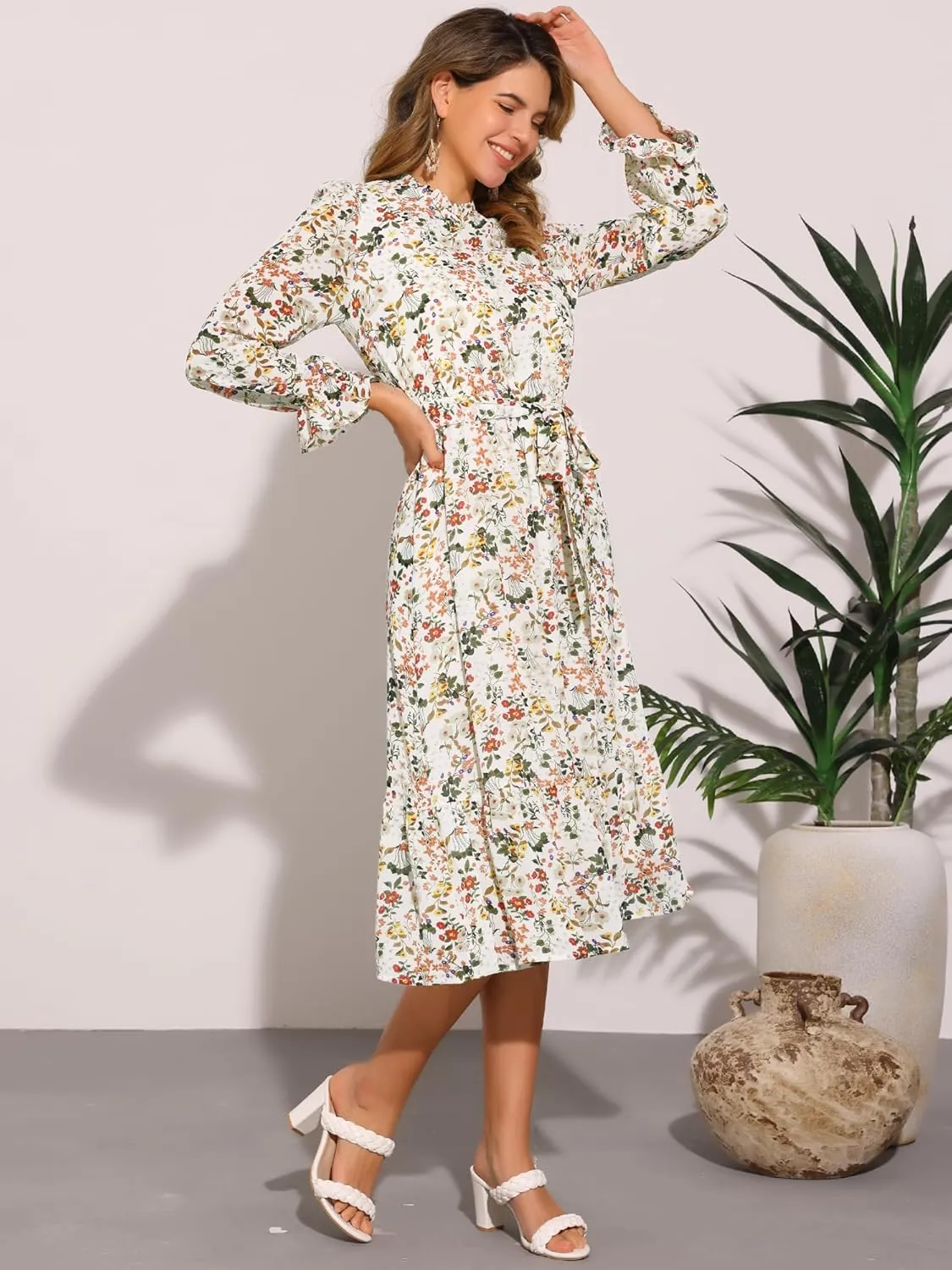 Allegra K Chiffon Floral Flowy Dress for Women's 2025 Ruffle Long Sleeve Mock Neck A-Line Midi Dresses