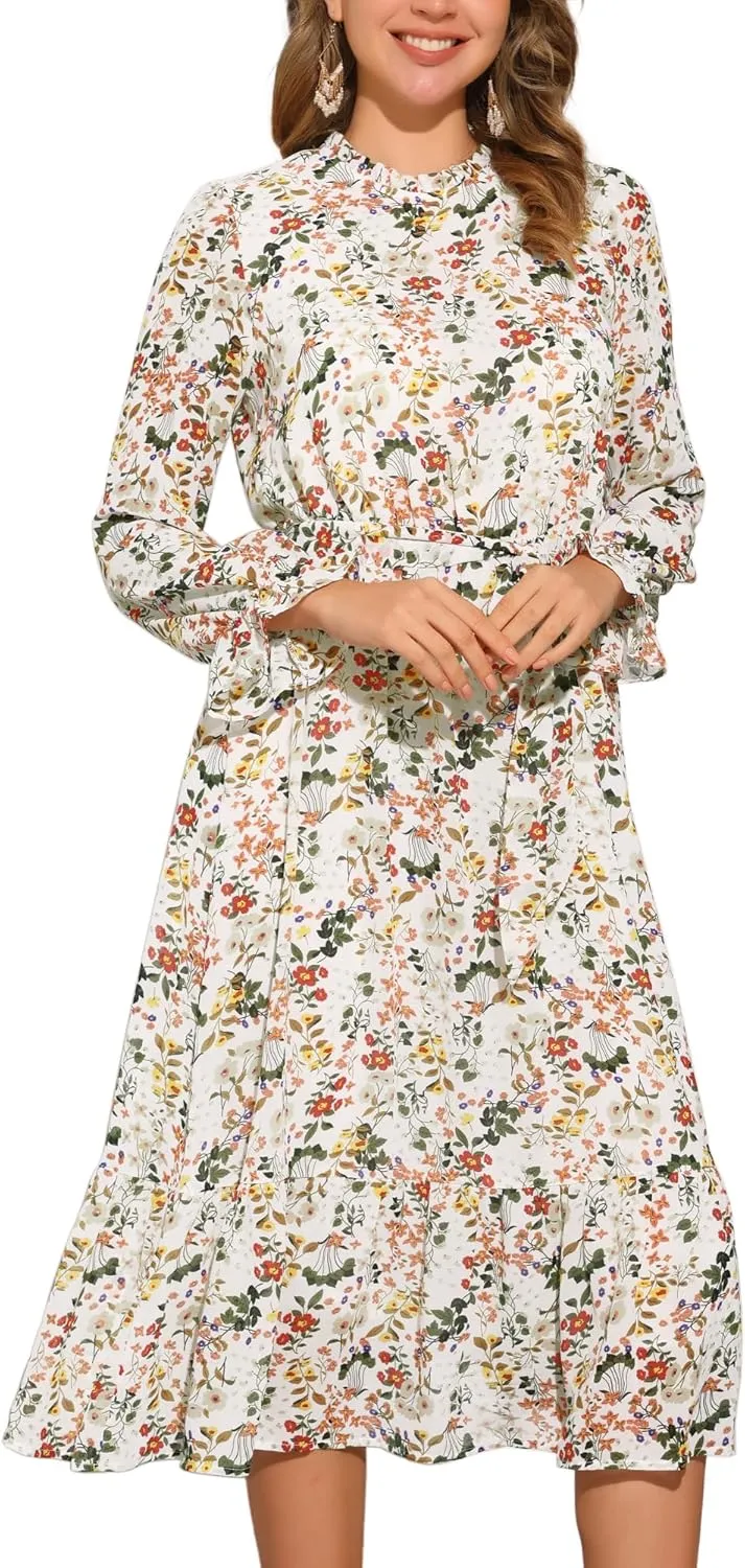 Allegra K Chiffon Floral Flowy Dress for Women's 2025 Ruffle Long Sleeve Mock Neck A-Line Midi Dresses