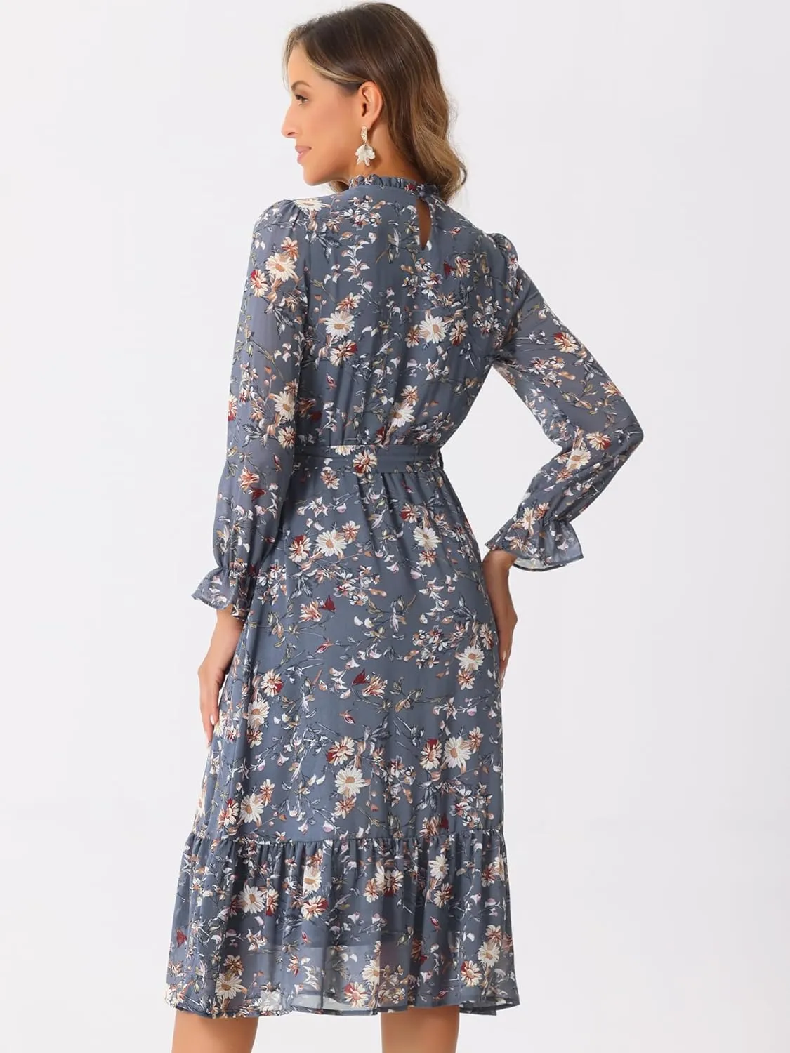 Allegra K Chiffon Floral Flowy Dress for Women's 2025 Ruffle Long Sleeve Mock Neck A-Line Midi Dresses