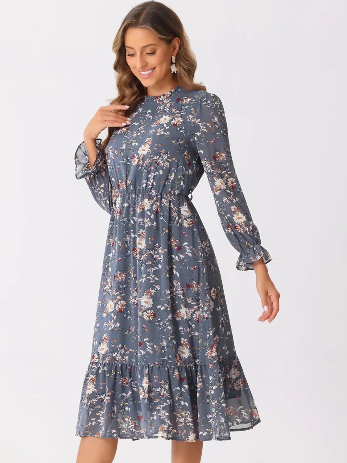 Allegra K Chiffon Floral Flowy Dress for Women's 2025 Ruffle Long Sleeve Mock Neck A-Line Midi Dresses