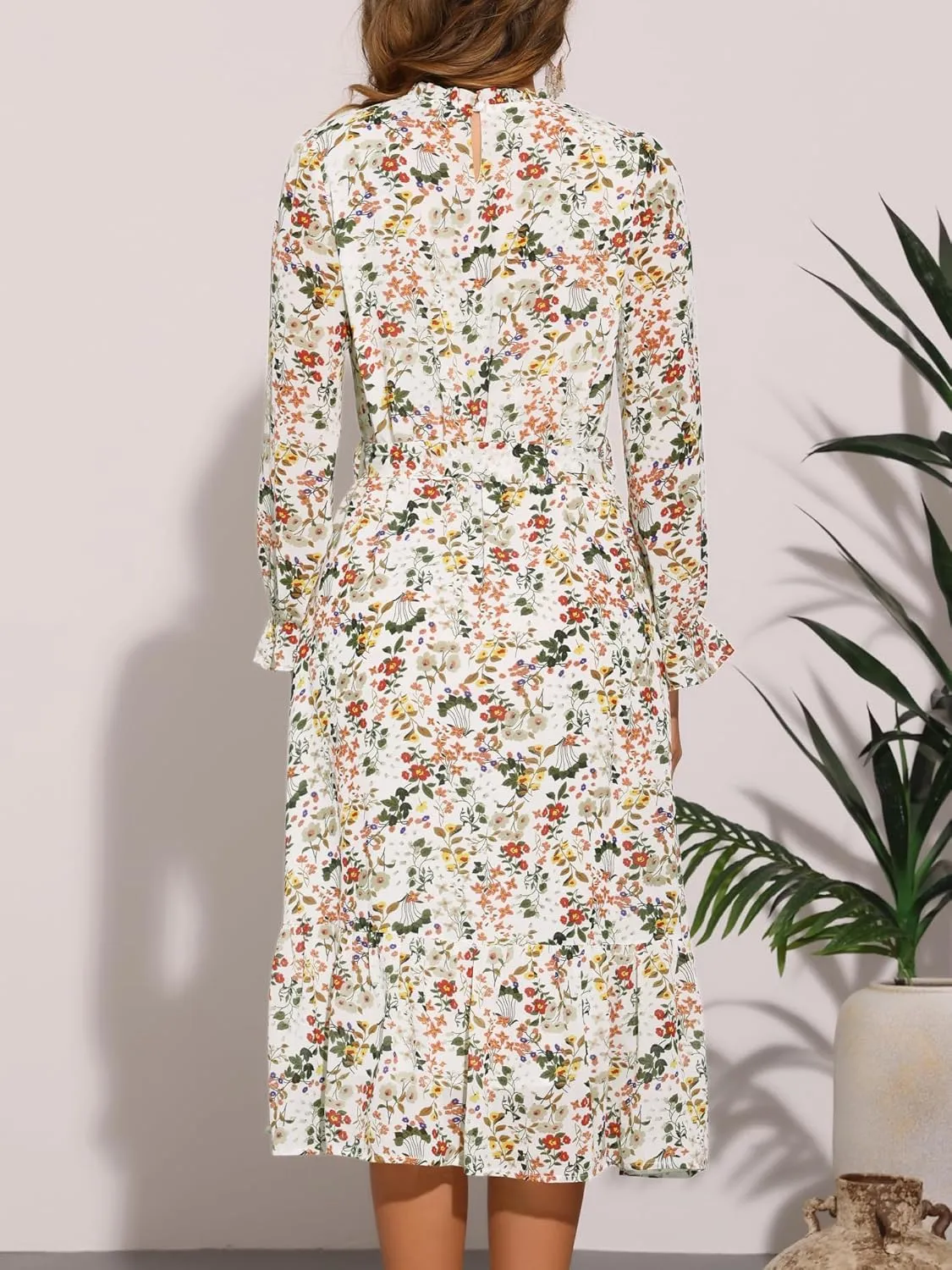 Allegra K Chiffon Floral Flowy Dress for Women's 2025 Ruffle Long Sleeve Mock Neck A-Line Midi Dresses