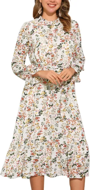 Allegra K Chiffon Floral Flowy Dress for Women's 2025 Ruffle Long Sleeve Mock Neck A-Line Midi Dresses