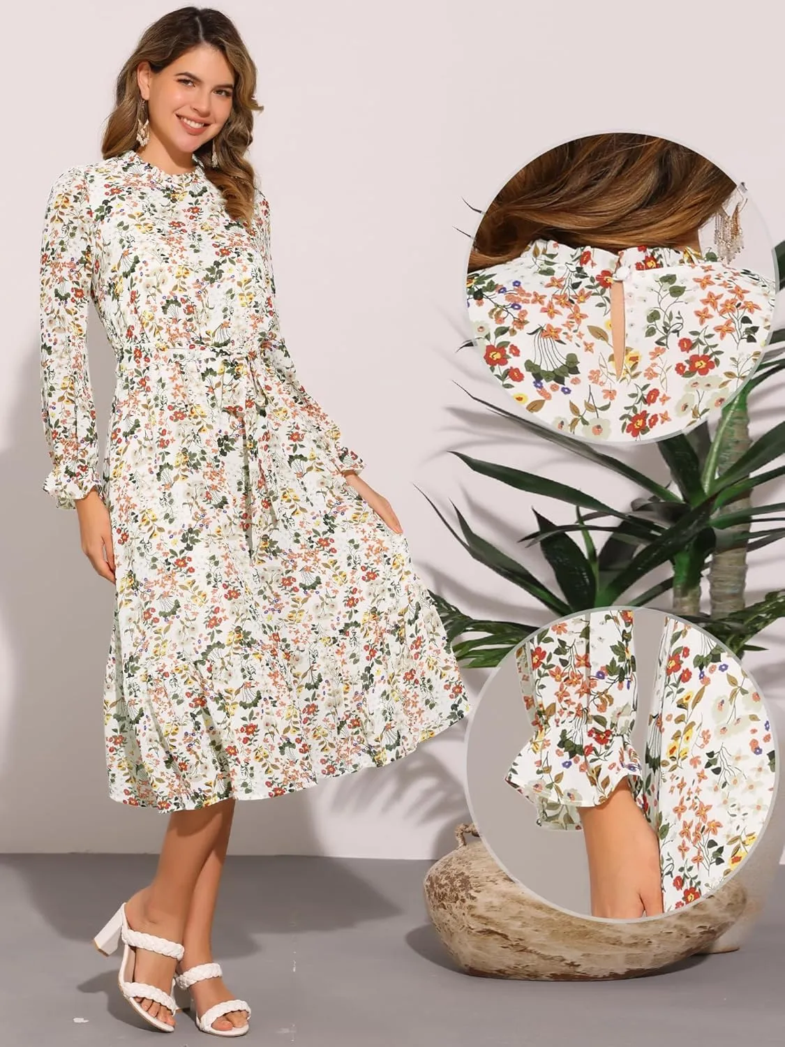 Allegra K Chiffon Floral Flowy Dress for Women's 2025 Ruffle Long Sleeve Mock Neck A-Line Midi Dresses