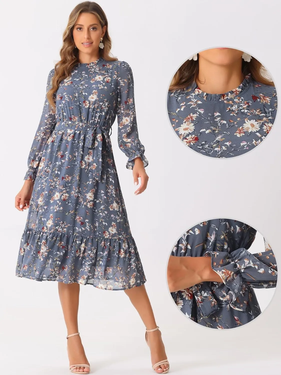 Allegra K Chiffon Floral Flowy Dress for Women's 2025 Ruffle Long Sleeve Mock Neck A-Line Midi Dresses