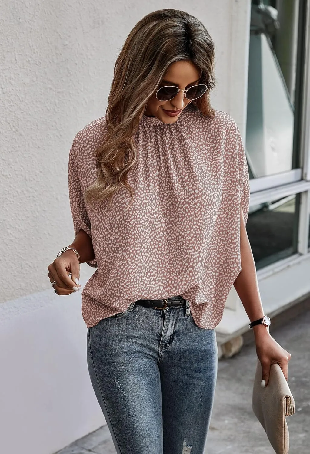 Angashion Womens Tops, Short Sleeve Casual Summer Top Solid Color Self Tie Loose Fit Drape Tunic Blouses Shirts