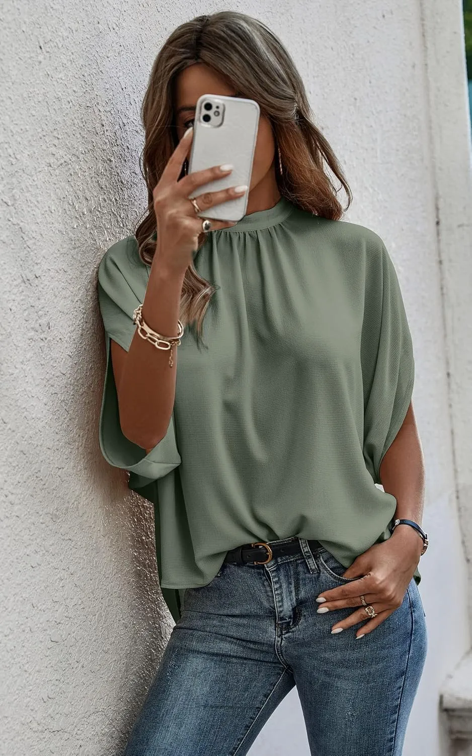 Angashion Womens Tops, Short Sleeve Casual Summer Top Solid Color Self Tie Loose Fit Drape Tunic Blouses Shirts
