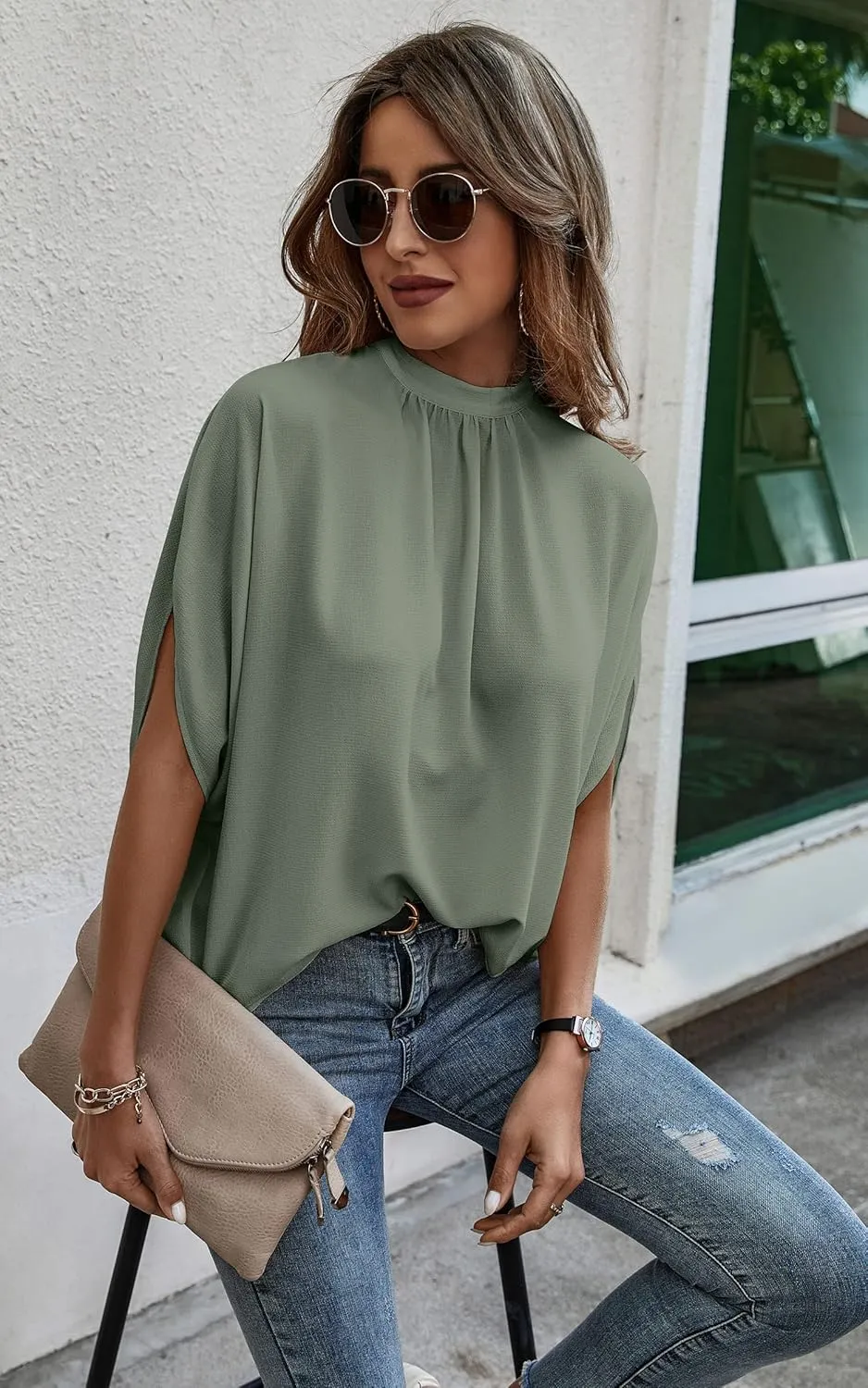 Angashion Womens Tops, Short Sleeve Casual Summer Top Solid Color Self Tie Loose Fit Drape Tunic Blouses Shirts