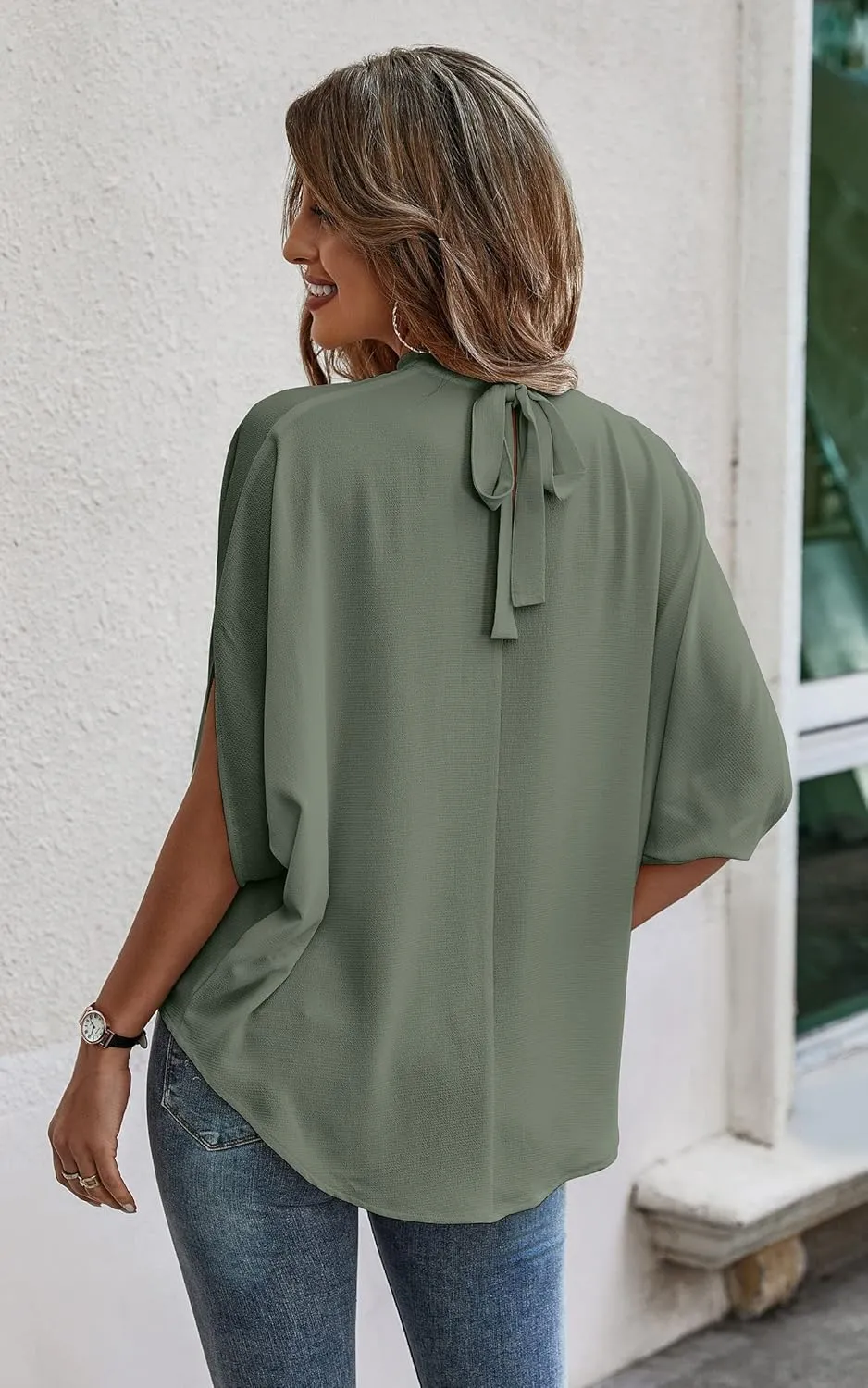 Angashion Womens Tops, Short Sleeve Casual Summer Top Solid Color Self Tie Loose Fit Drape Tunic Blouses Shirts