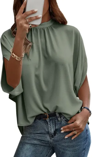 Angashion Womens Tops, Short Sleeve Casual Summer Top Solid Color Self Tie Loose Fit Drape Tunic Blouses Shirts