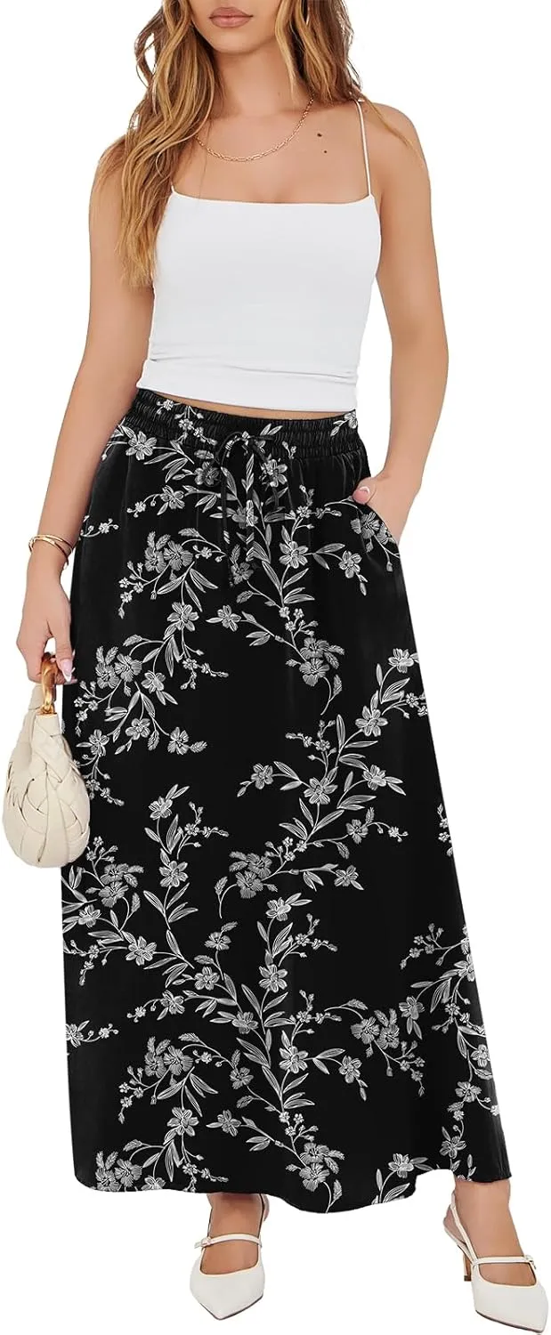 Askyes Womens Maxi Skirt Summer Trendy Side Slit Elastic High Waisted Boho Casual Beach Flowy Swing Long Skirts with Pockets