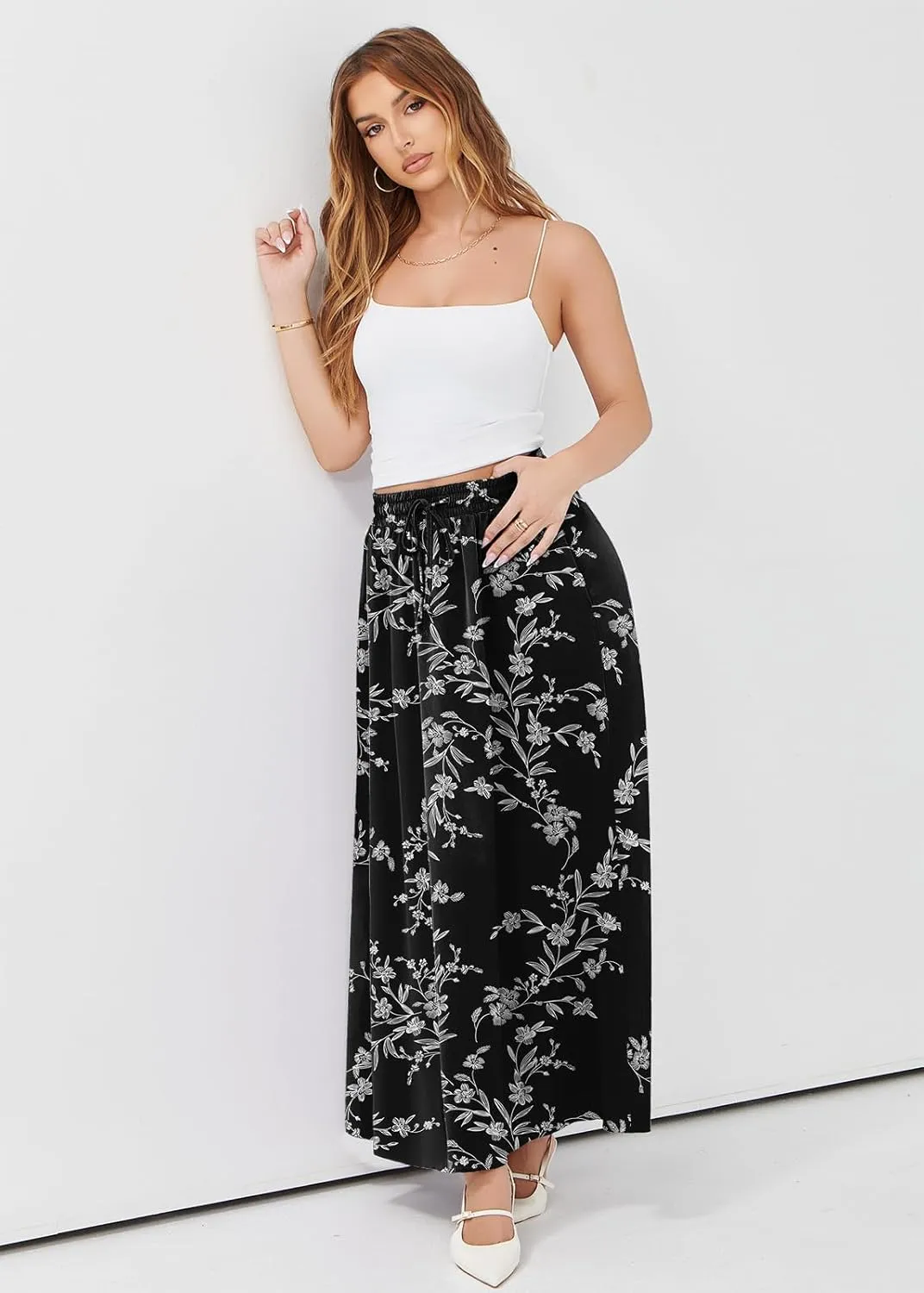 Askyes Womens Maxi Skirt Summer Trendy Side Slit Elastic High Waisted Boho Casual Beach Flowy Swing Long Skirts with Pockets