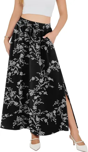 Askyes Womens Maxi Skirt Summer Trendy Side Slit Elastic High Waisted Boho Casual Beach Flowy Swing Long Skirts with Pockets