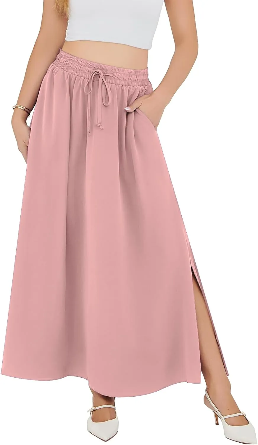Askyes Womens Maxi Skirt Summer Trendy Side Slit Elastic High Waisted Boho Casual Beach Flowy Swing Long Skirts with Pockets