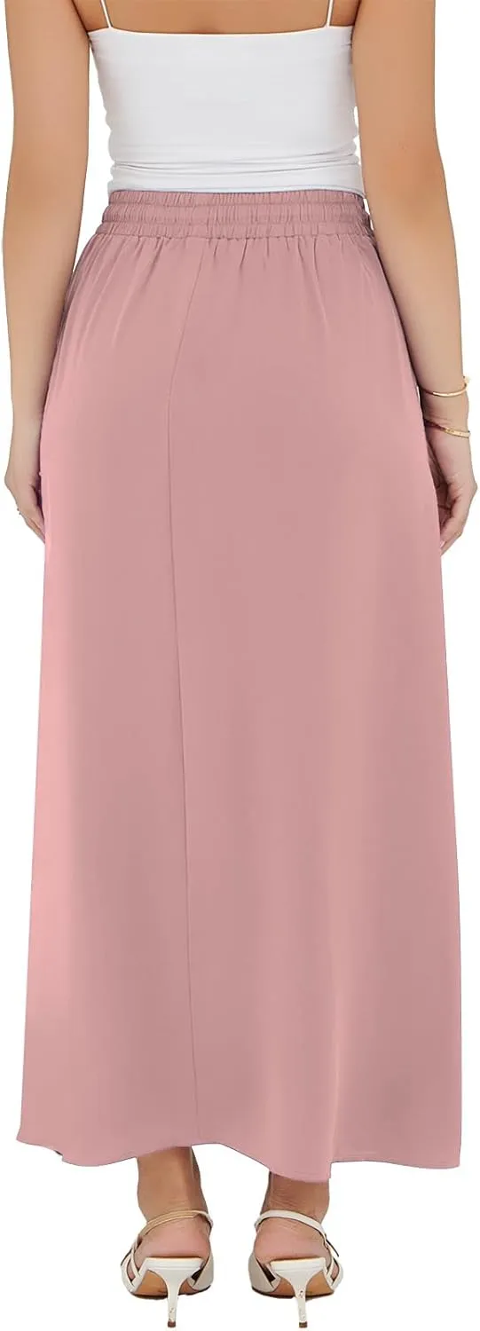 Askyes Womens Maxi Skirt Summer Trendy Side Slit Elastic High Waisted Boho Casual Beach Flowy Swing Long Skirts with Pockets