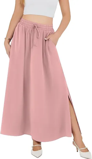 Askyes Womens Maxi Skirt Summer Trendy Side Slit Elastic High Waisted Boho Casual Beach Flowy Swing Long Skirts with Pockets