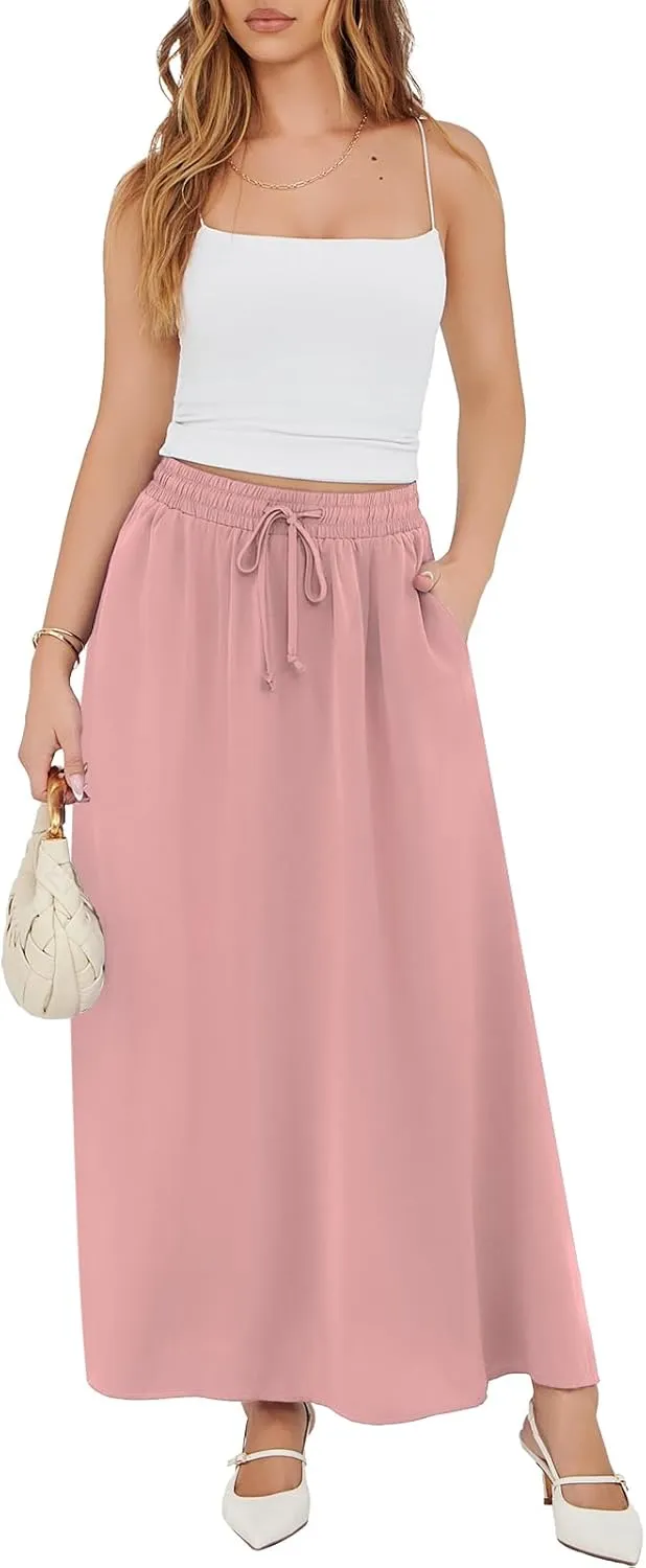 Askyes Womens Maxi Skirt Summer Trendy Side Slit Elastic High Waisted Boho Casual Beach Flowy Swing Long Skirts with Pockets