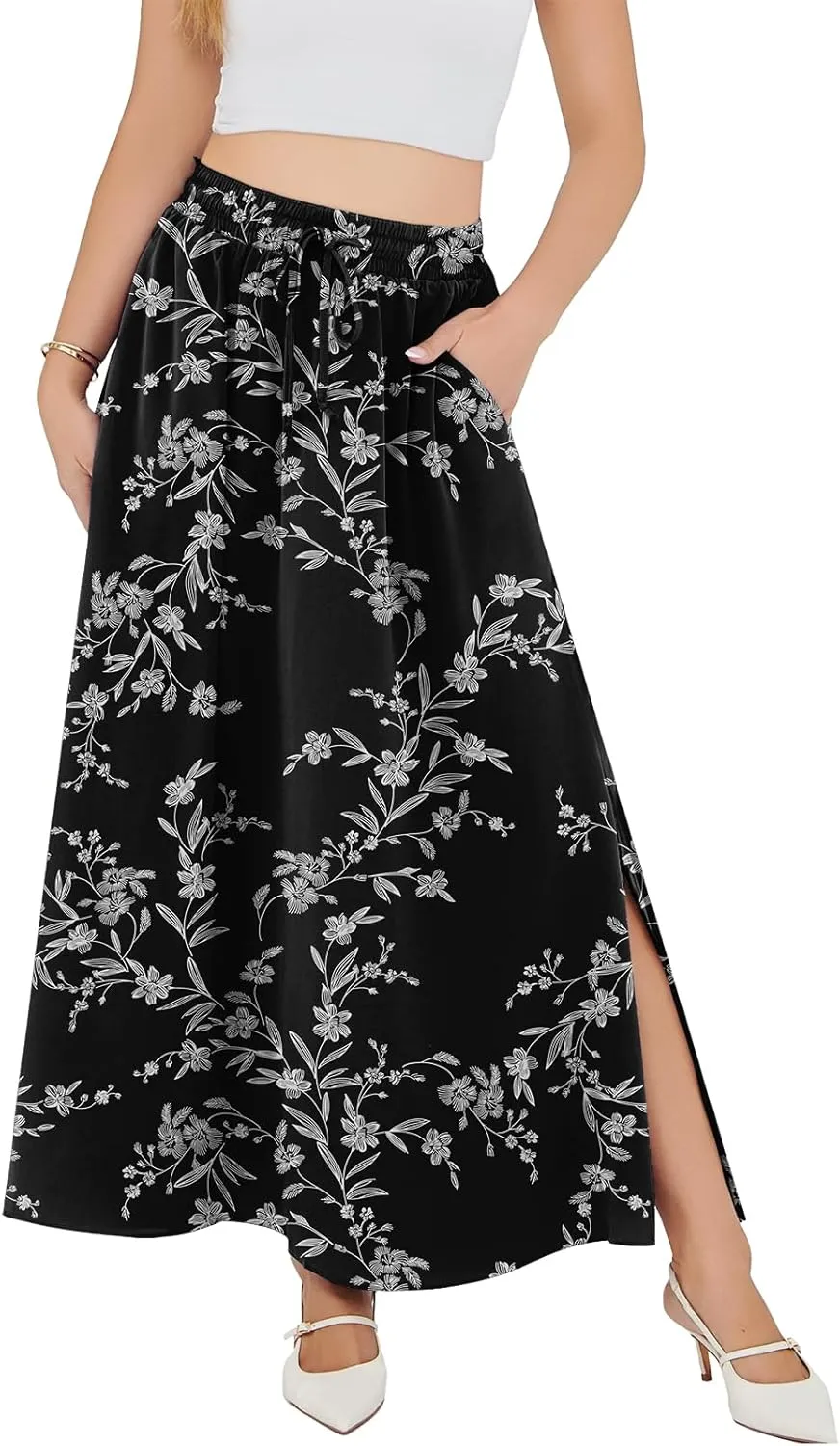 Askyes Womens Maxi Skirt Summer Trendy Side Slit Elastic High Waisted Boho Casual Beach Flowy Swing Long Skirts with Pockets