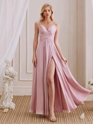 Cute A-Line V-Neck Spaghetti Straps Pleated Side Slit Bridesmaid Dresses