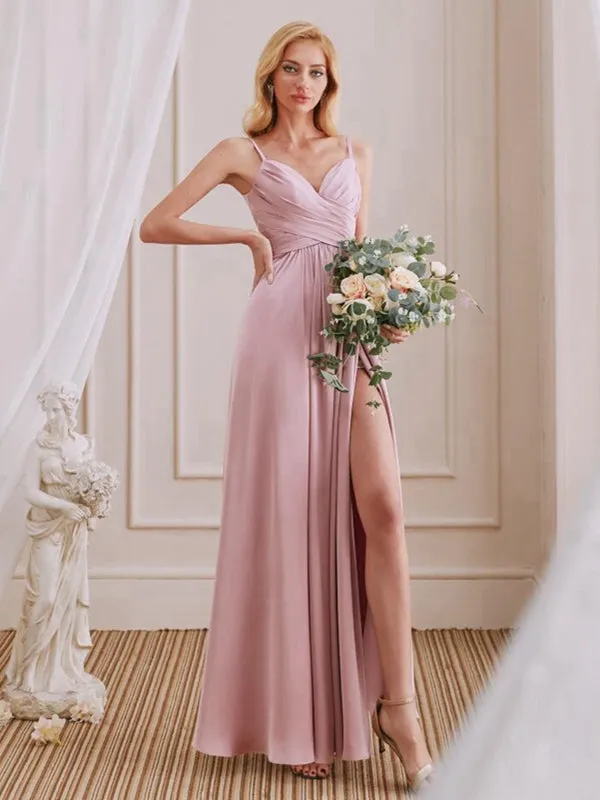 Cute A-Line V-Neck Spaghetti Straps Pleated Side Slit Bridesmaid Dresses