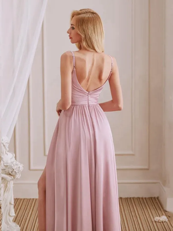 Cute A-Line V-Neck Spaghetti Straps Pleated Side Slit Bridesmaid Dresses