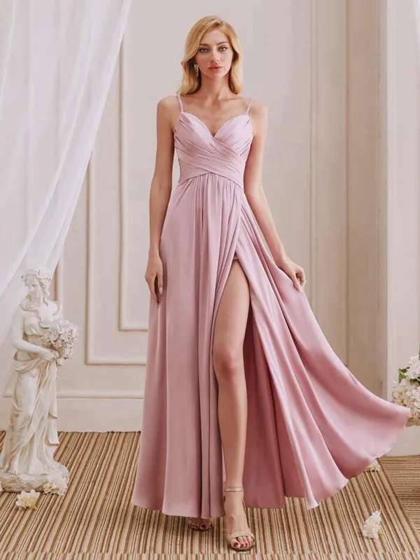 Cute A-Line V-Neck Spaghetti Straps Pleated Side Slit Bridesmaid Dresses